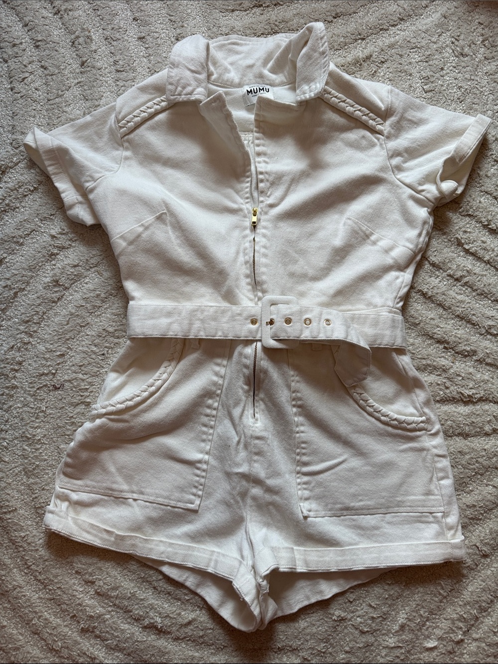Show Me Your MuMu white/Cream Zipper-Belted Short Romper